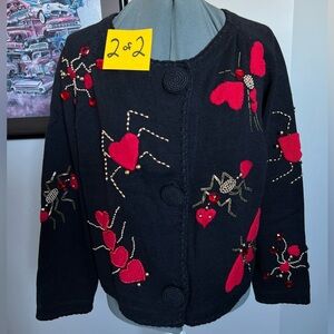 Michael Simon L XL heart Bugs Ant butterfly spider sweater cardigan valentines